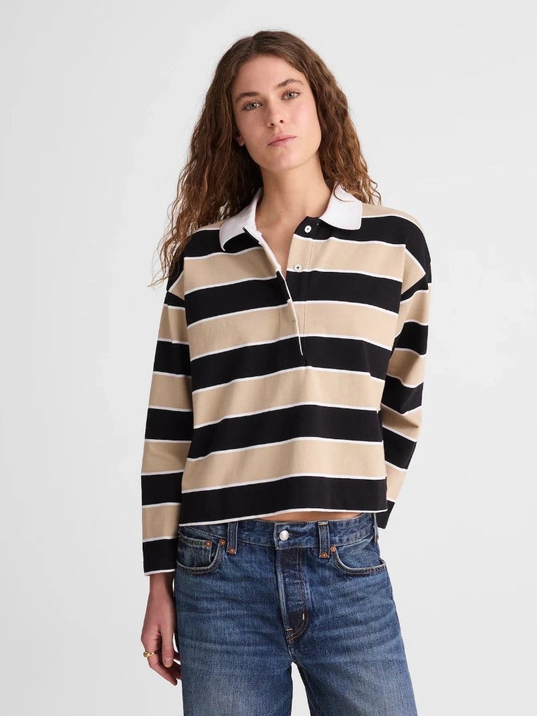 Madewell Tan/Black/White Striped Oversized Long Sleeve Rugby Polo Top Xs Nwt